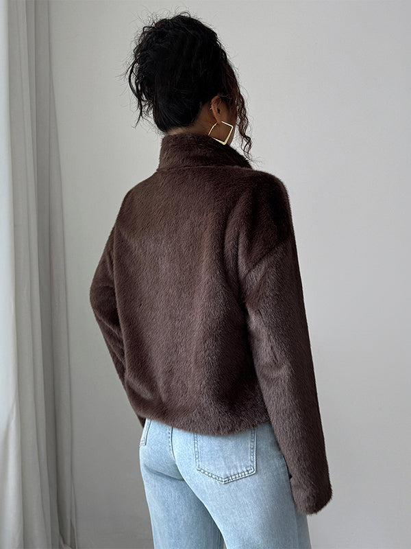 Pockets Solid Color Zipper Long Sleeves Loose Stand Collar Sweater Tops Outerwear