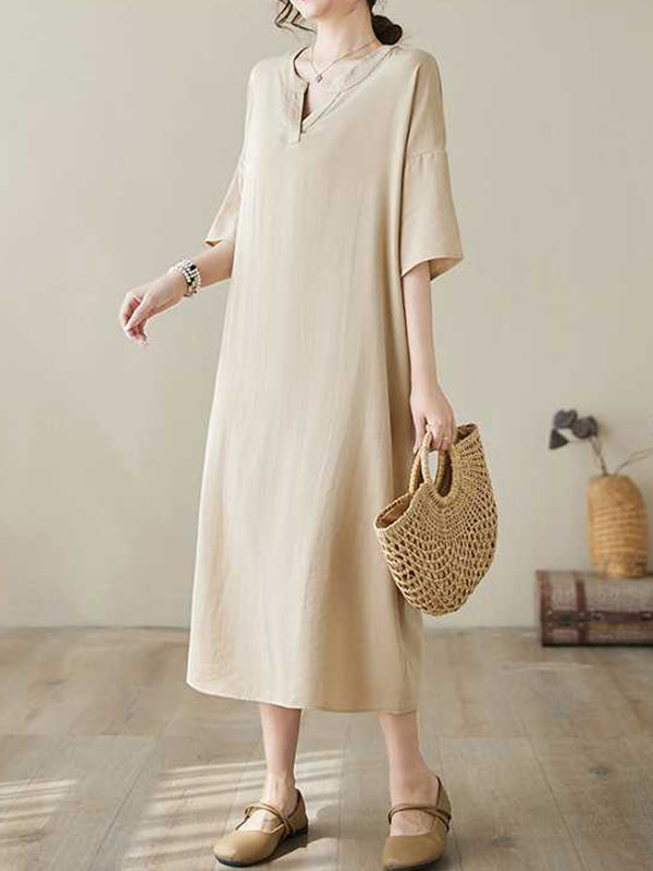 Knot Pockets Solid Color A-Line Loose V-Neck Midi Dresses