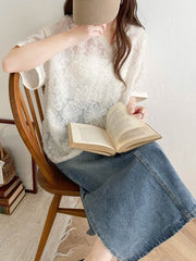 Mesh Solid Color Split-Side Half Sleeves Loose V-Neck Blouses&Shirts Tops