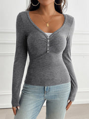 Buttoned Long Sleeves Skinny V-Neck T-Shirts Tops