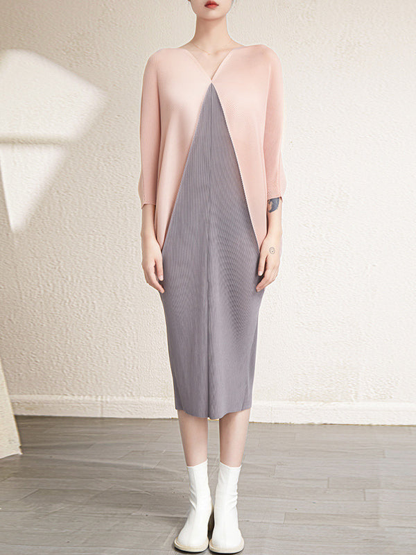 Urban Batwing Sleeves Contrast Color Pleated V-Neck Midi Dresses