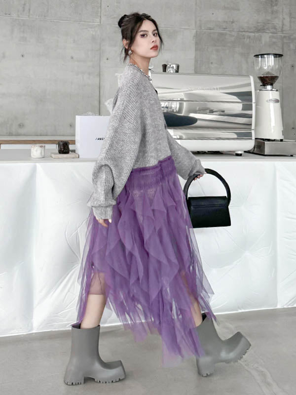 Buttoned Contrast Color Mesh Pleated Ribs Split-Joint High-Low Irregularity Collarless Outerwear Cardigan Tops