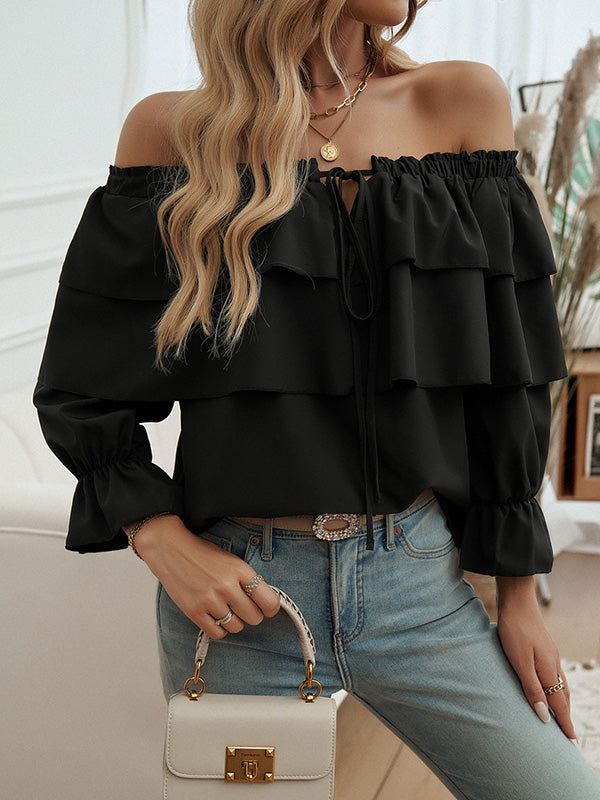 Layered Pleated Solid Color Split-Joint Tied Long Sleeves Loose Off-The-Shoulder Blouses&Shirts Tops