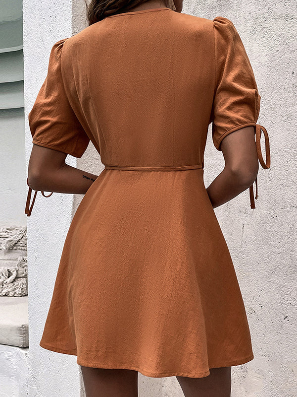 Solid Color Tied Waist Puff Sleeves Short Sleeves V-Neck Mini Dresses