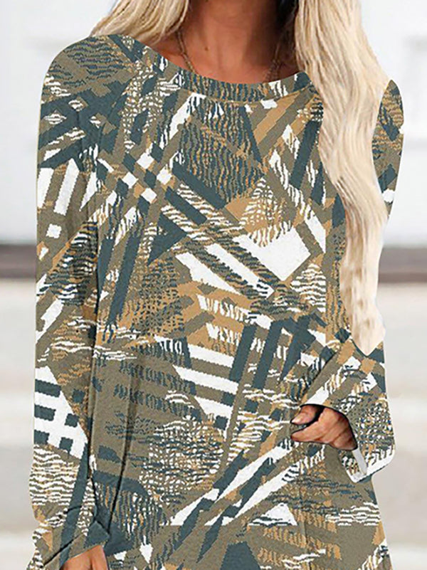 Plaid Printed High-low Long Sleeves Round-neck T-Shirts Tops