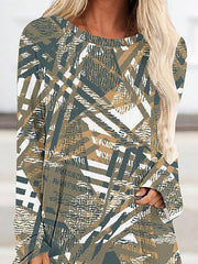 Plaid Printed High-low Long Sleeves Round-neck T-Shirts Tops
