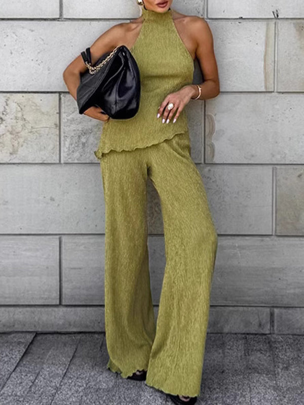 Solid Color Loose Pleated Halter-Neck Vest Top + High Waisted Pants Bottom Two Pieces Set