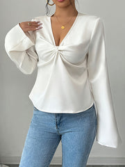 Pleated Solid Color Split-Joint Long Sleeves Loose V-neck Blouses&shirts Tops
