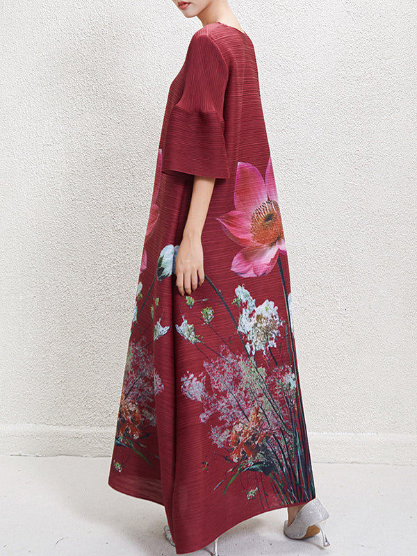 Flower Print Pleated A-Line Flared Sleeves V-Neck Maxi Dresses