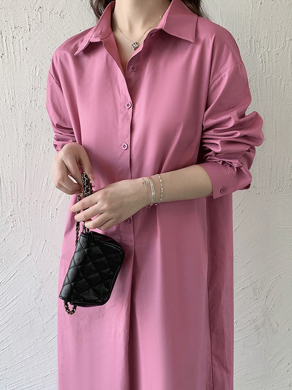 Urban Loose Solid Color Lapel Collar Shirt Midi Dresses