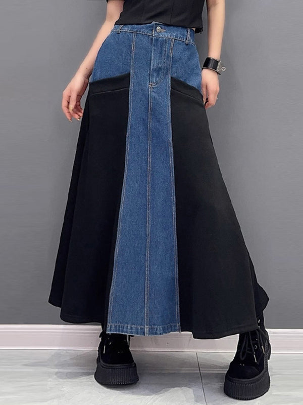 Buttoned Contrast Color Split-Joint A-Line Loose Denim Skirts Bottoms