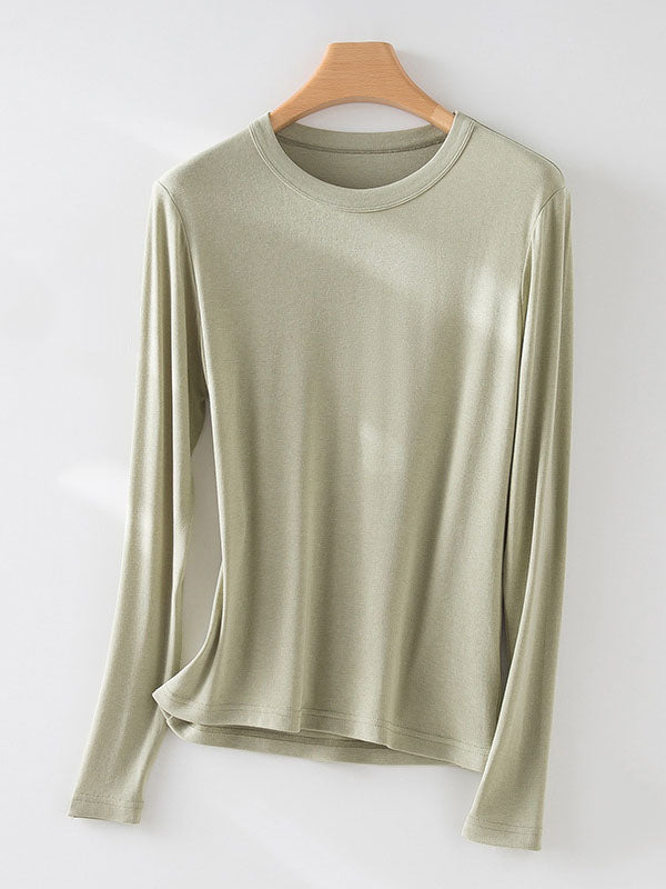 Solid Color Long Sleeves Round-neck Skinny T-Shirts Tops