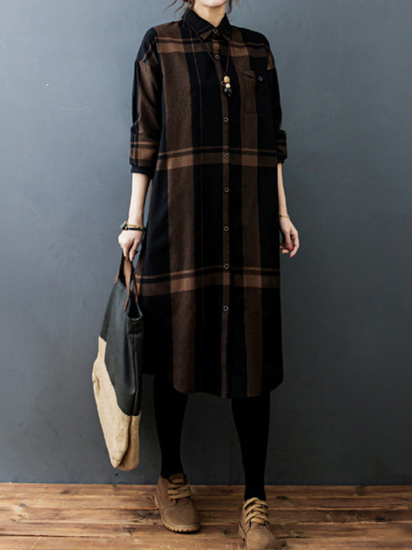 Vintage Solid Long Sleeve Pleats Blouse Shirt Dress