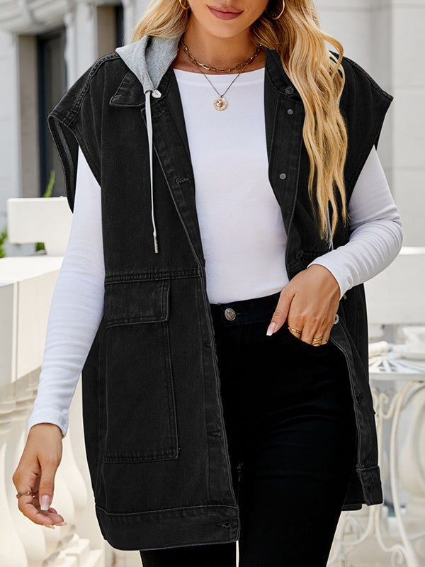 Buttoned Detachable Hooded Pockets Split-Joint Loose Sleeveless Lapel Collar Vest Outerwear