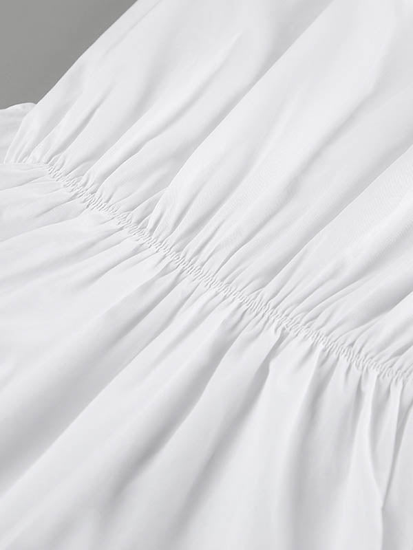 Buttoned Pleated Solid Color High Waisted Long Sleeves Lapel Shirt Dress Mini Dresses