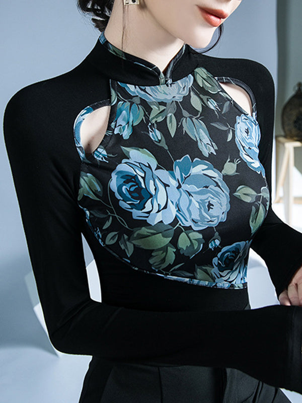 Buttoned Flower Print Hollow Split-Joint Long Sleeves Skinny Round-Neck T-Shirts Tops