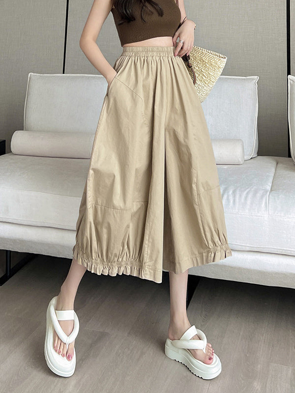 Elasticity Solid Color Split-Joint High Waisted Loose Trousers Pants Ninth Pants Knickerbockers
