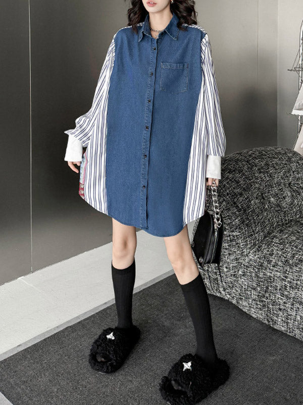 Buttoned Contrast Color Pockets Split-Joint Striped Long Sleeves Loose Lapel Blouses&Shirts Tops