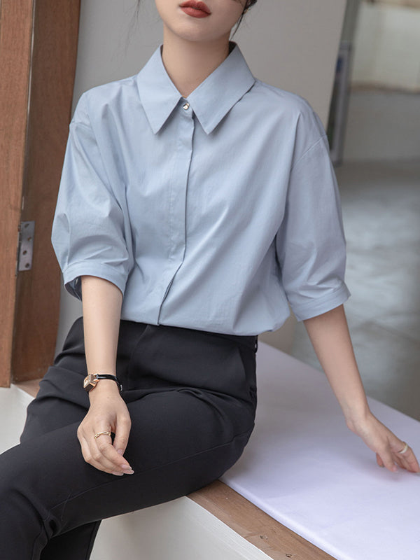 Buttoned Solid Color Split-Joint Half Sleeves Loose Lapel Blouses&Shirts Tops