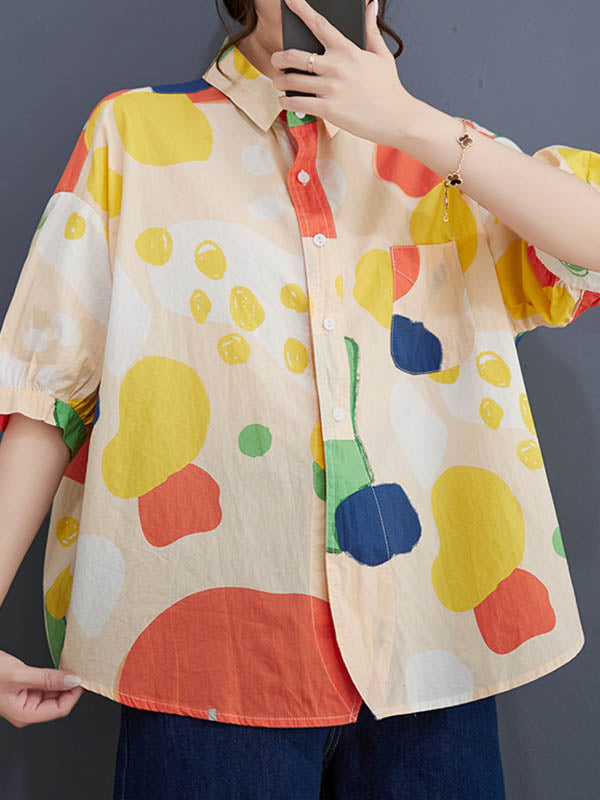 Contrast Color Polka-Dot High-Low Loose Lapel Blouses