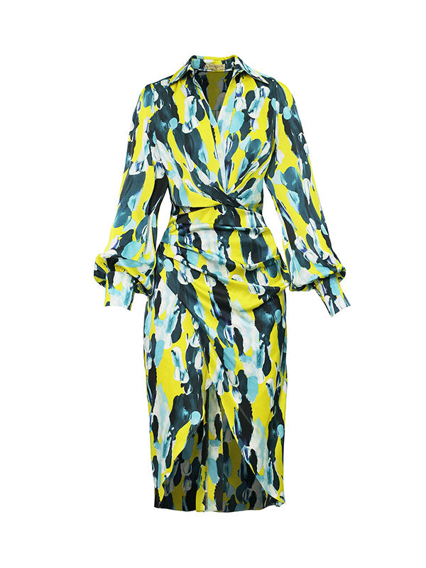 Asymmetric Pleated Printed Split-Joint High Waisted Long Sleeves Deep V-Neck Midi Dresses