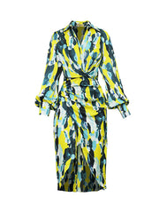 Asymmetric Pleated Printed Split-Joint High Waisted Long Sleeves Deep V-Neck Midi Dresses