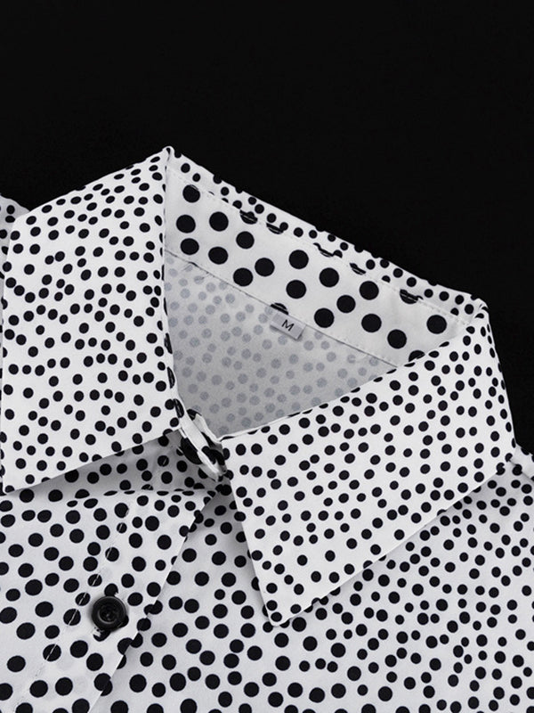 Polka-Dot Long Sleeves Loose Buttoned Contrast Color Pockets Lapel Blouses Tops + Pants Bottom Two Pieces Set