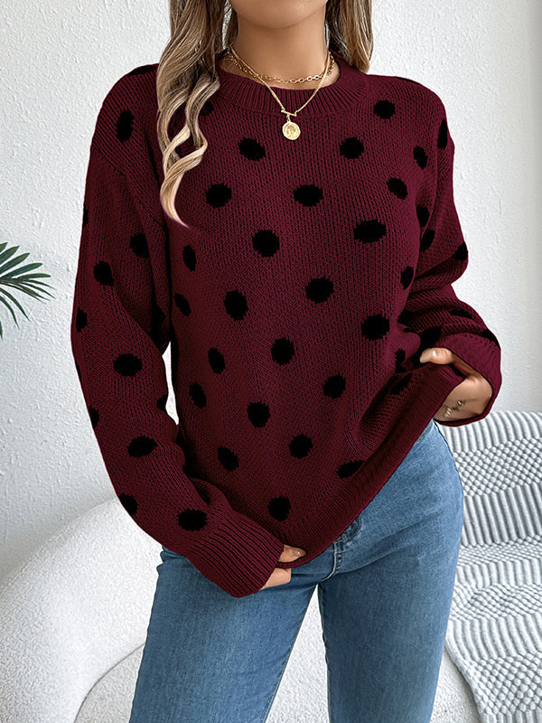 Contrast Color Polka-Dot Long Sleeves Loose Round-Neck Sweater Tops Pullovers