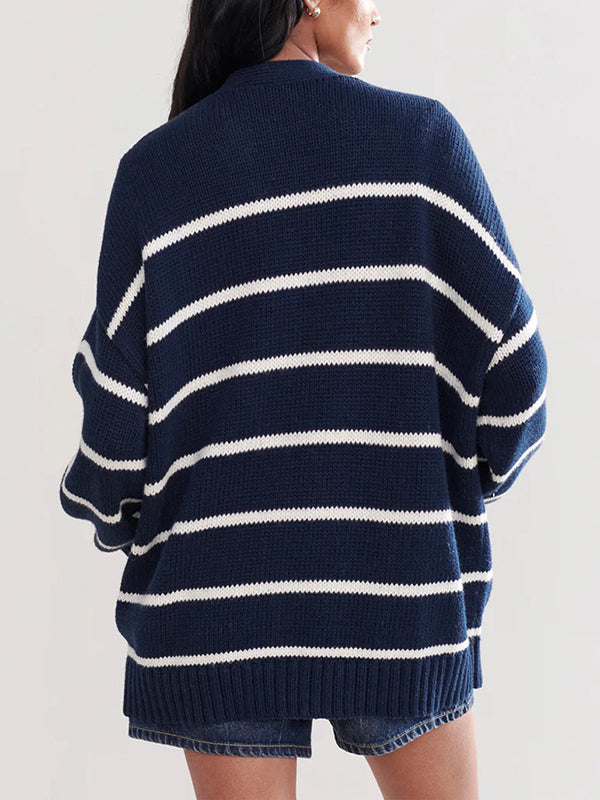 Split-Joint Striped Long Sleeves Loose V-neck Cardigan Tops