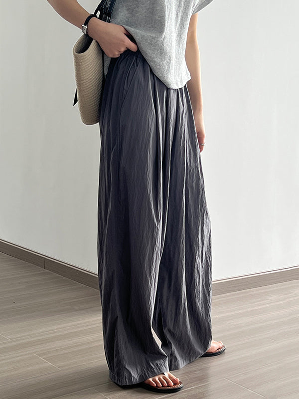 Elasticity Pleated Solid Color High Waisted Wide Leg Trousers Casual Pants Bottoms