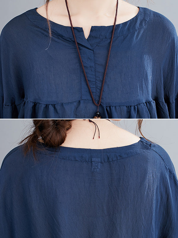 Pleated See-Through Solid Color Half Sleeves Loose Round-neck Blouses&shirts Tops
