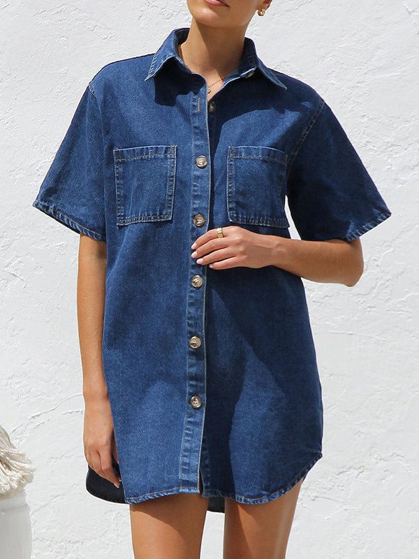 Split-Joint Loose Short Sleeves Lapel Shirt Dress Mini Dresses