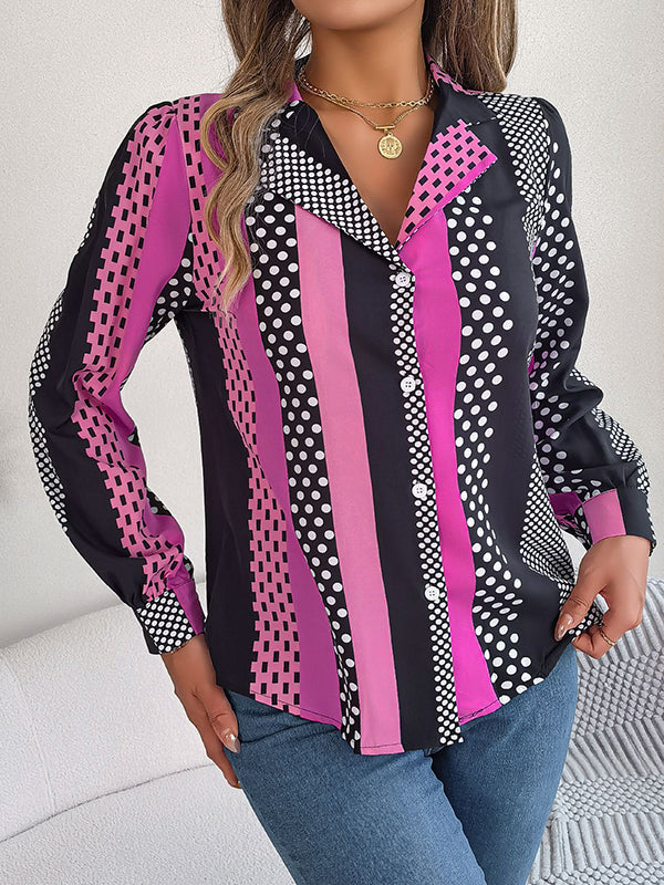 Buttoned Contrast Color Polka-Dot Long Sleeves Notched Collar Blouses&Shirts Tops