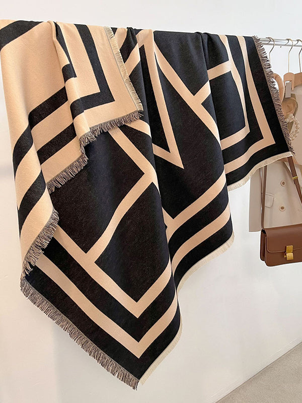 Contrast Color Fringed Keep Warm Printed Striped Shawl&Scarf