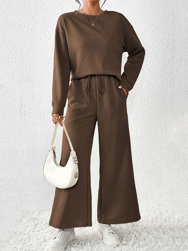 Round-Neck Long Sleeves Loose Solid Color Shirts Top + Drawstring Pants Bottom Two Pieces Set