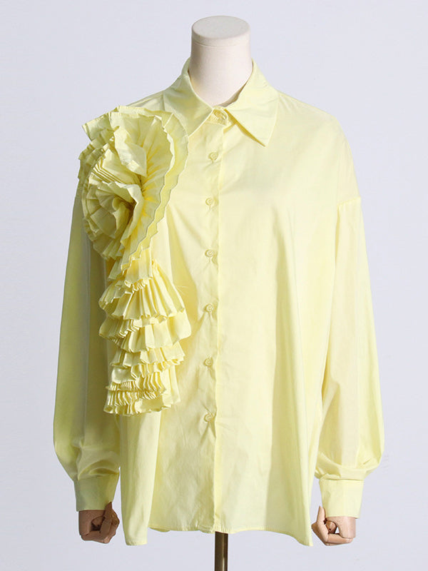Asymmetric Buttoned Pleated Solid Color Split-Joint Three-Dimensional Flower Long Sleeves Loose Lapel Blouses&Shirts Tops