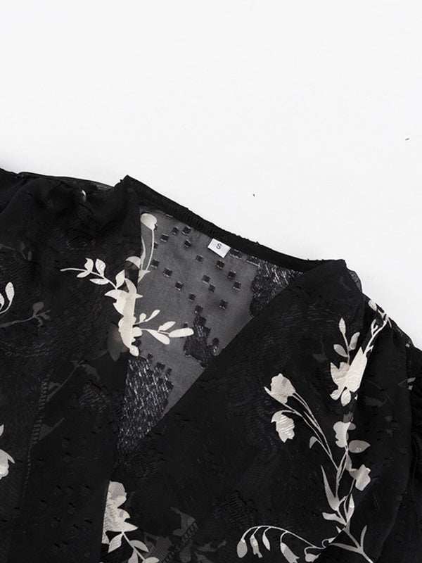 Gauze Jacquard Lace-Up Pleated See-Through Loose Puff Sleeves V-Neck Blouses&Shirts Tops