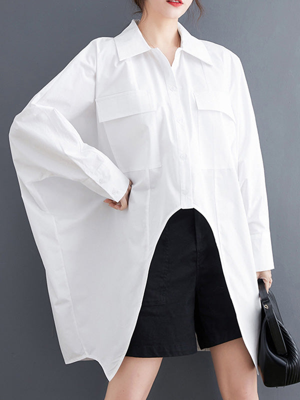 Casual Long Sleeves Irregularity Buttoned Solid Color Lapel Collar Blouses&Shirts Tops