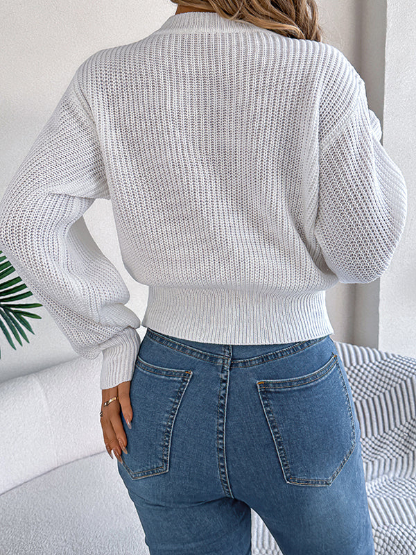 Cable Knit Solid Color Elasticated Waist Long Sleeves Round-Neck Sweater Tops Knit Top