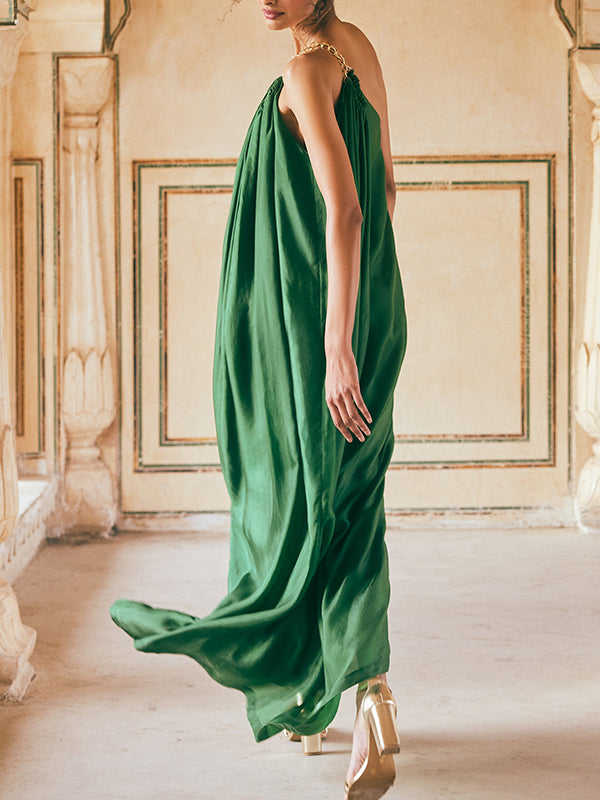 Chains See-Through Split-Front Split-Joint Loose Sleeveless One-Shoulder Maxi Dresses
