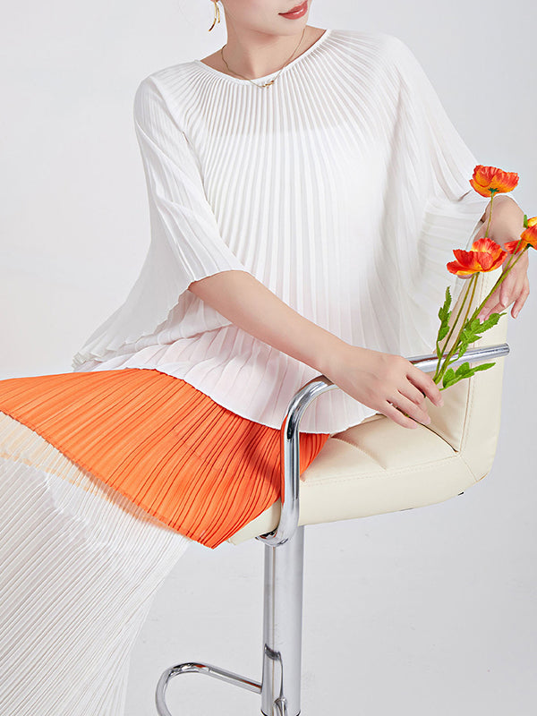 Pleated Solid Color Batwing Sleeves Loose Round-Neck T-Shirts Tops
