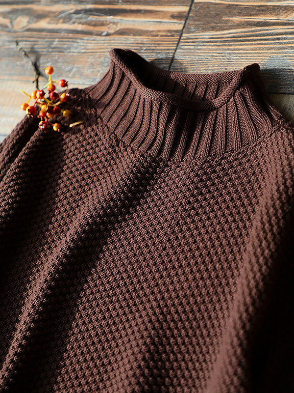 Casual Loose Long Sleeves Solid Color High-Neck Sweater Tops