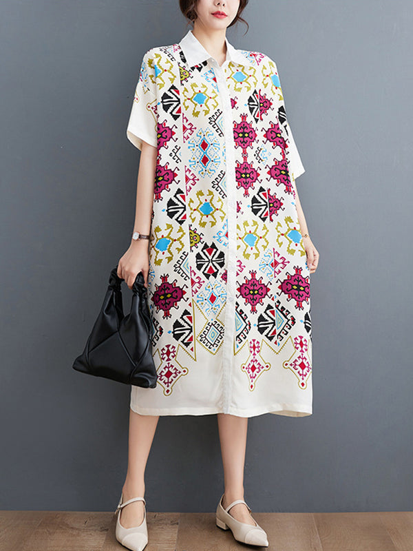 Ethnic Printed Loose Short Sleeves Lapel Midi Dresses