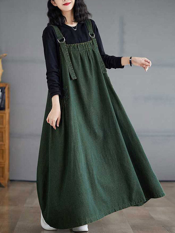 Pleated Pockets Solid Color Split-Joint A-Line Loose Spaghetti-Neck Suspender Dress