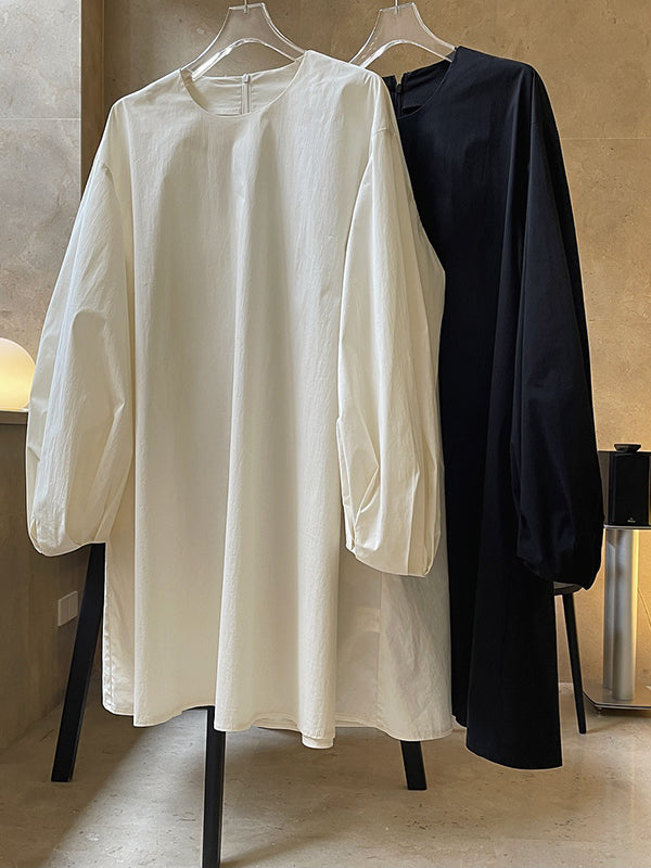 Urban Puff Sleeves Solid Color Round-Neck Mini Dress