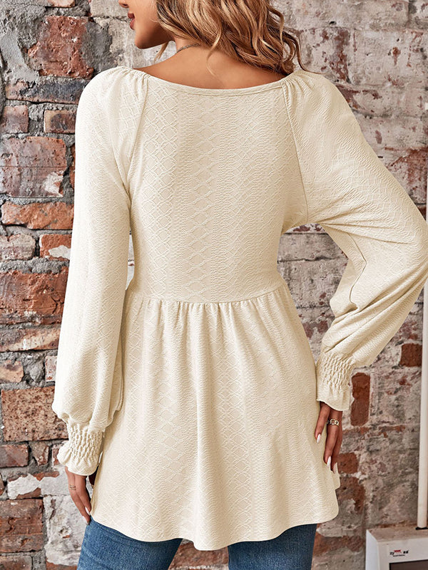 Elasticity Jacquard Pleated Solid Color Long Sleeves V-Neck T-Shirts Tops