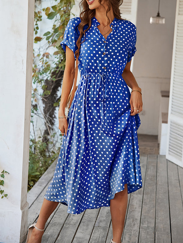 Buttoned Drawstring Polka-Dot A-Line High Waisted V-Neck Shirt Dress Midi Dresses