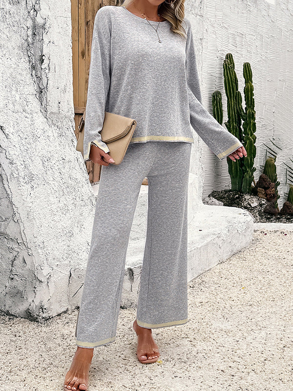 Contrast Color Long Sleeves Split-Joint Split-Side Round-Neck High-Low Sweater Tops +  Pants Bottom Two Pieces Set