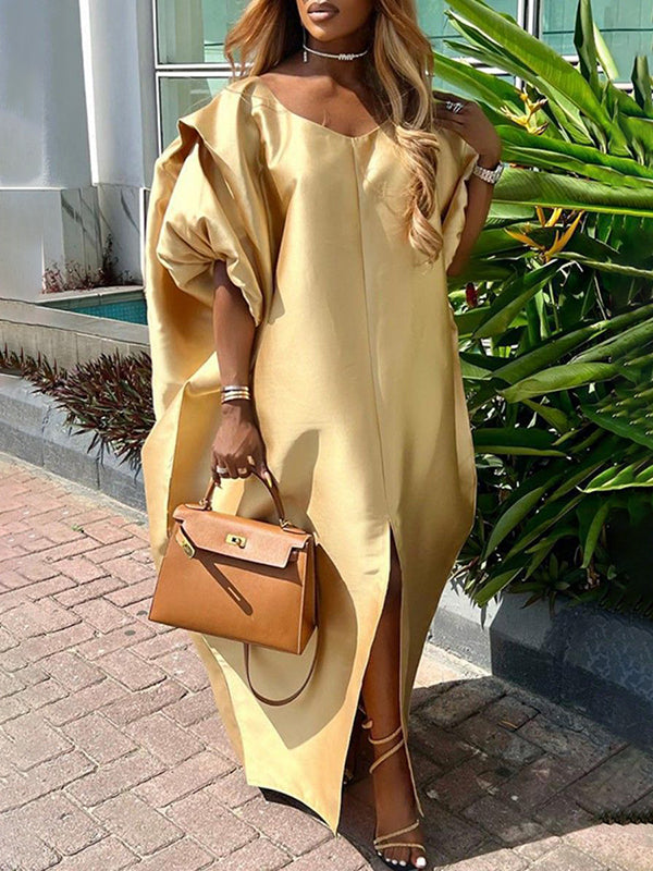 Half Sleeves Loose Elasticity Pleated Solid Color Split-Front V-Neck Maxi Dresses