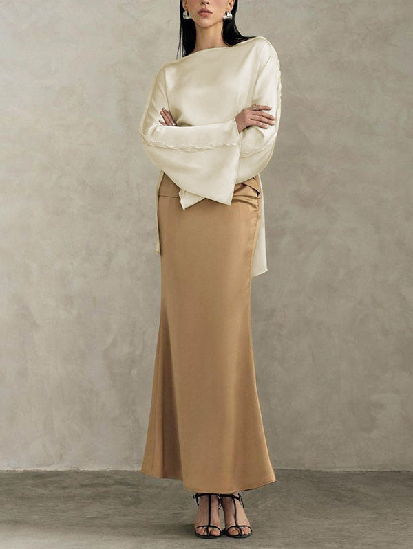 Solid Color Split-Joint Tied Flared Sleeves Long Sleeves Round-neck T-Shirts Tops